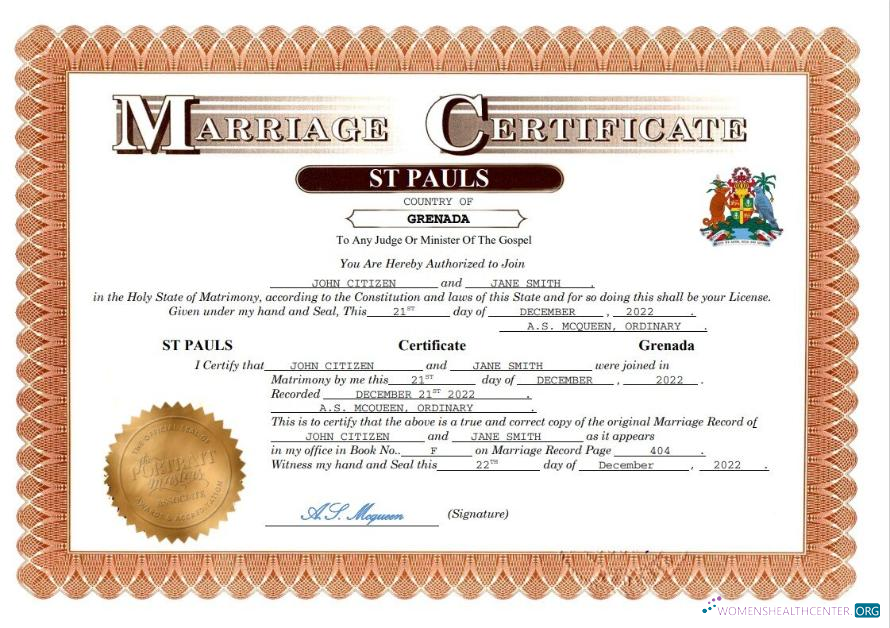 Download Grenada marriage certificate Word and PDF template Photoshop template